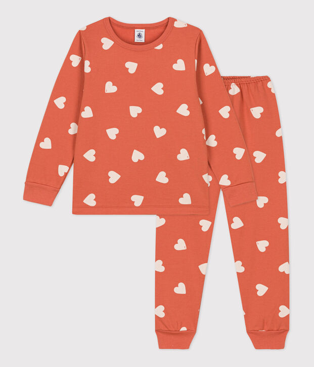 Kinderpyjama aus Molton mit Herzmuster f&uuml;r M&auml;dchen rosa/naturfarben