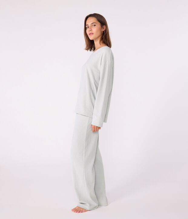Damen-Pyjama aus einfarbigem Nicki mit geradem Bein blau