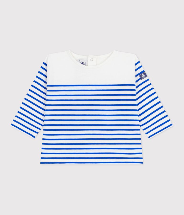 Lang&auml;rmeliges Baby-Streifenshirt Marini&egrave;re aus Baumwolle weiss MARSHMALLOW/blau PERSE