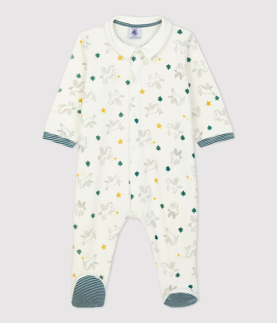 Baby-Strampler aus Bio-Baumwoll-Velours mit Flügelpferd-Muster weiss MARSHMALLOW/weiss MULTICO