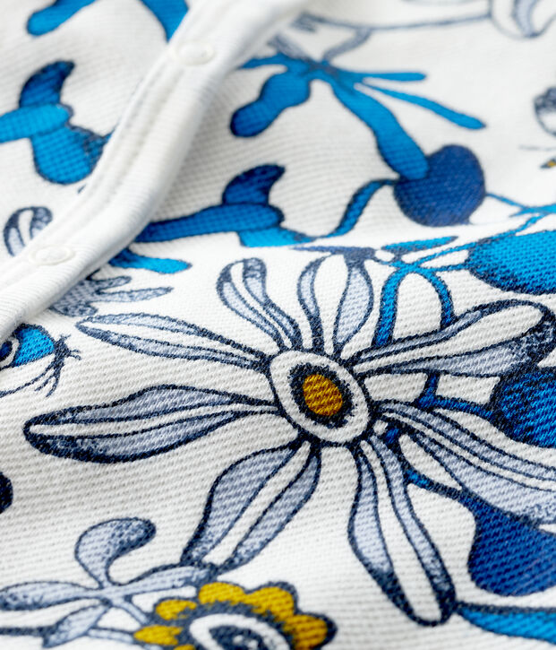 Gemusterter Baby-Kurzoverall f&uuml;r M&auml;dchen weiss/blau