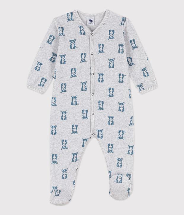 Baby-Strampler aus Nicki mit Hundemotiv grau/blau