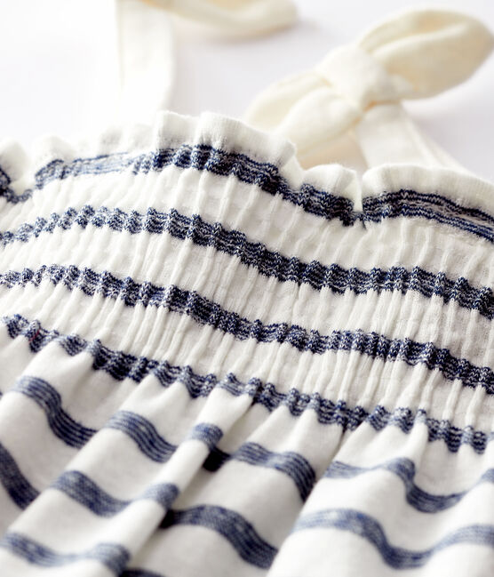 Gestreifter Baby-Kurzoverall aus Baumwolle/Leinen für Mädchen weiss MARSHMALLOW/blau MEDIEVAL