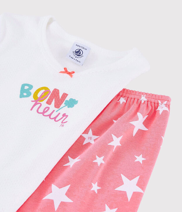 Kinder-Kurzpyjama aus Baumwolle mit Bonheur-Motiv f&uuml;r M&auml;dchen weiss/vielfarbig