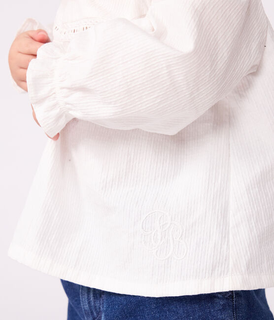 Langärmelige Baby-Bluse aus Baumwoll-Popeline mit Kragen und Stickereien weiss ECUME
