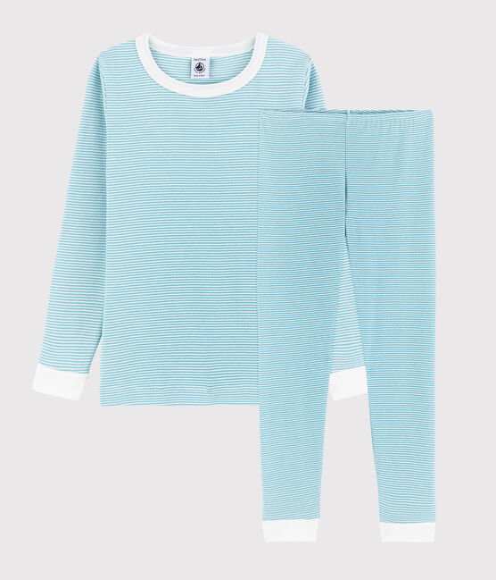 Snugfit-Kinderpyjama aus Baumwolle mit blauen Streifen für Jungen blau TIKI/weiss MARSHMALLOW