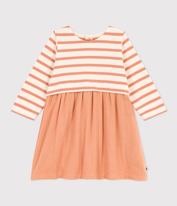 Lang&auml;rmeliges Babykleid aus zwei Materialien rosa/naturfarben