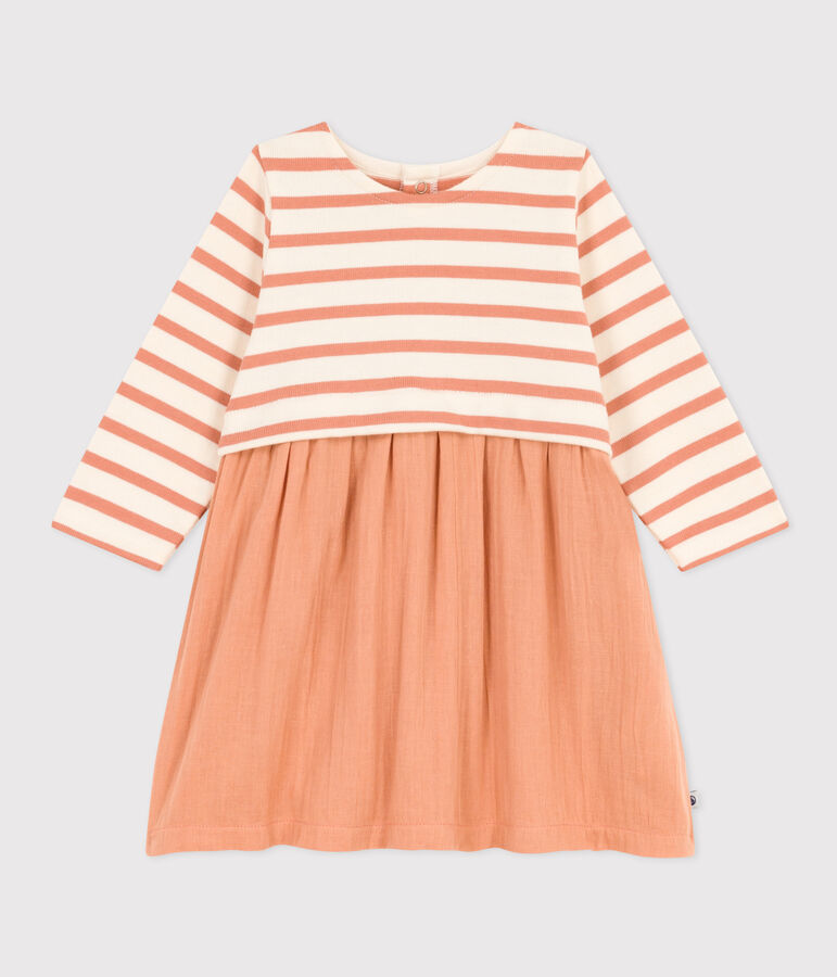 Lang&auml;rmeliges Babykleid aus zwei Materialien rosa/naturfarben