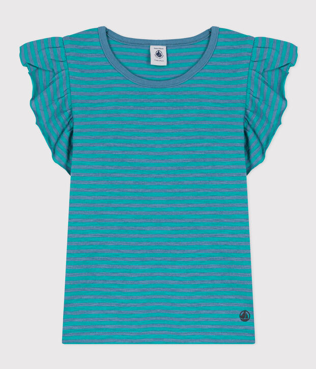 Gestreiftes Kinder-T-Shirt aus Baumwolle f&uuml;r M&auml;dchen blau/gr&uuml;n