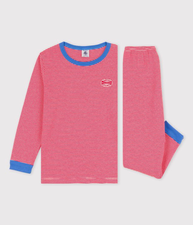 Kinderpyjama aus Bio-Baumwolle mit Ringelstreifen rot/weiss
