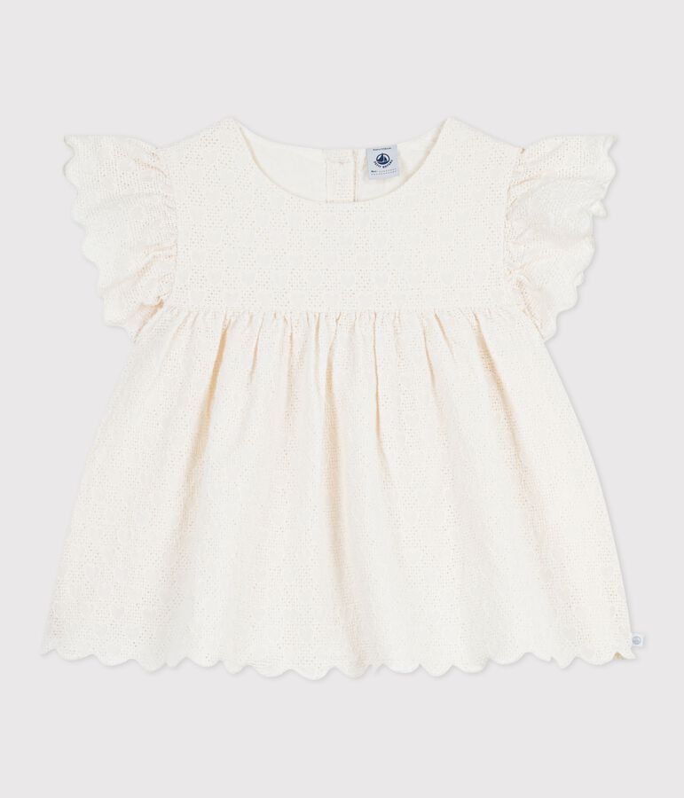 Kurz&auml;rmelige Kinder-Bluse aus Baumwolle mit Herzmotiven weiss MARSHMALLOW