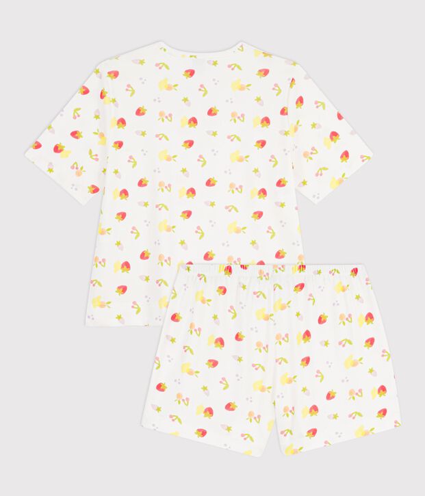 Damen-Baumwollpyjama mit kurzen &Auml;rmeln und Fruchtmuster weiss/vielfarbig