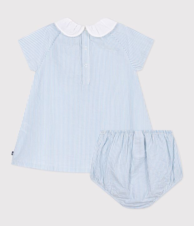 Kurz&auml;rmeliges Baby-Kleid aus Baumwolle und dazu passender Bloomer mit Streifen blau/blau