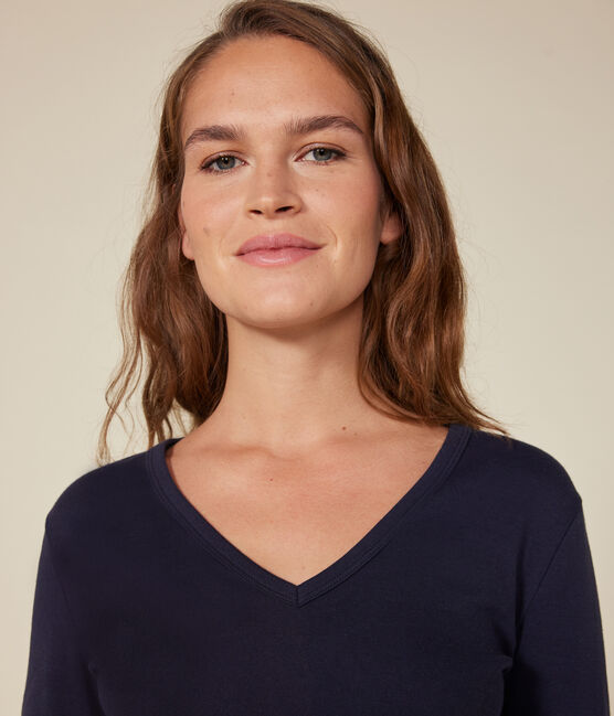 Langärmeliges Damen-T-Shirt L'Iconique aus einfarbigem Rippstrick blau SMOKING