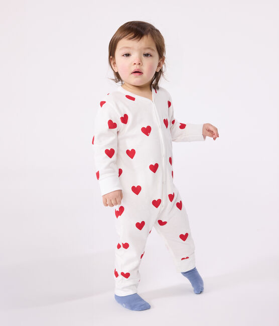 Fußloser Baby-Strampler aus Baumwolle mit Herzmotiv weiss MARSHMALLOW/rot TERKUIT