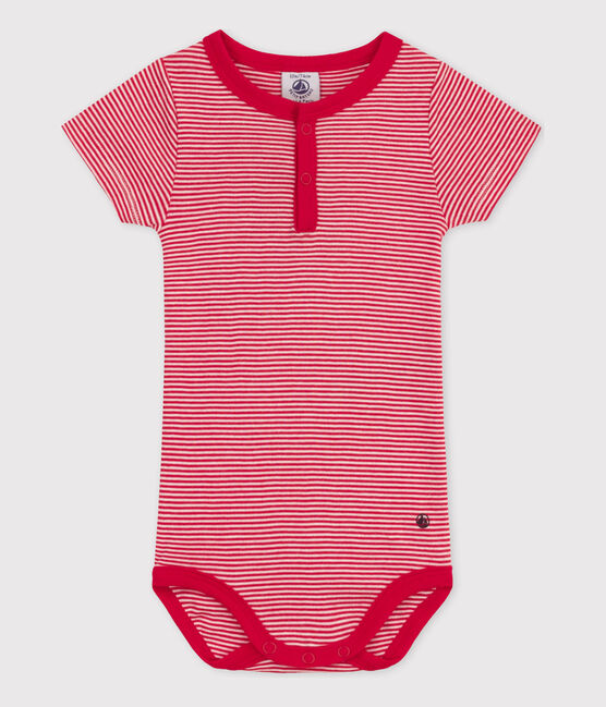 Kurzärmeliger Baby-Body aus Baumwolle mit Ringelstreifen rot CORRIDA/weiss MARSHMALLOW