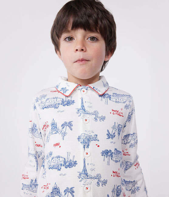 Kinder-Pyjama mit Knopfverschluss aus Baumwolle mit Paris-Motiven weiss MARSHMALLOW/weiss MULTICO