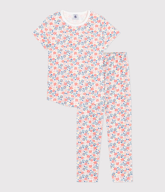 Kurzärmeliger Kinder-Pyjama mit langen Beinen aus bedruckter Baumwolle weiss MARSHMALLOW/weiss MULTICO