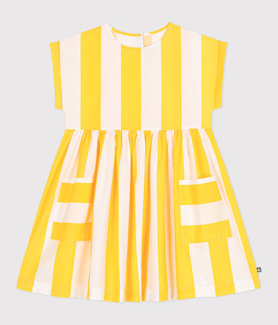 Kurzärmeliges Kinder-Kleid aus Baumwolle mit Streifen weiss MARSHMALLOW/ ORGE