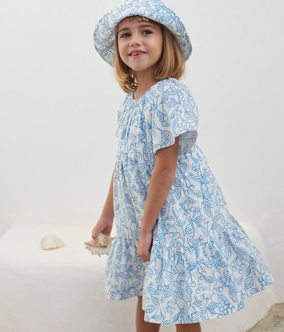 Kurzärmeliges Kinder-Kleid aus bedruckter Baumwolle blau MARSHMALLOW/ PORCELANA