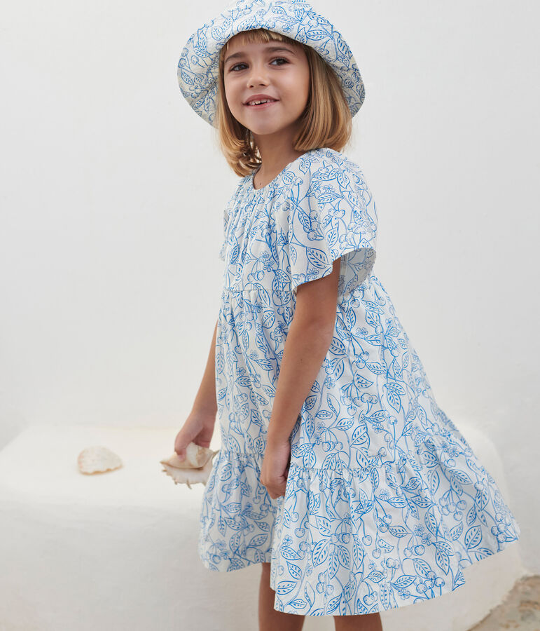 Kurz&auml;rmeliges Kinder-Kleid aus bedruckter Baumwolle weiss/blau