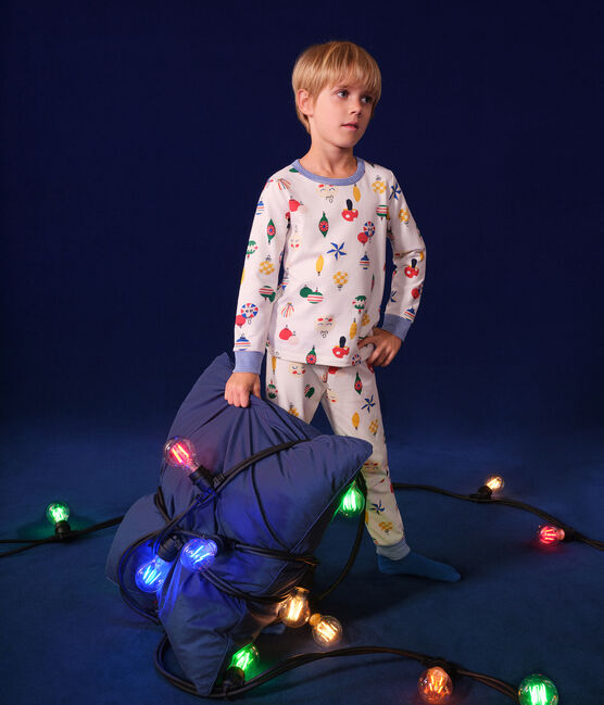 Kinder-Pyjama aus aufgerautem Molton mit Weihnachtskugel-Motiv weiss MARSHMALLOW/weiss MULTICO
