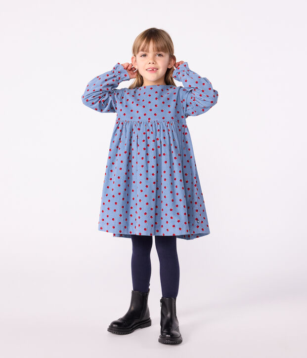 Lang&auml;rmeliges Kinder-Kleid aus bedrucktem Fein-Cord. blau/vielfarbig