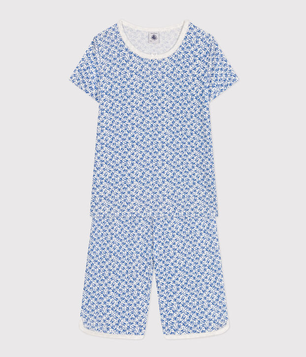 Kinder-Capripyjama aus Baumwolle mit Blumenmuster weiss/blau