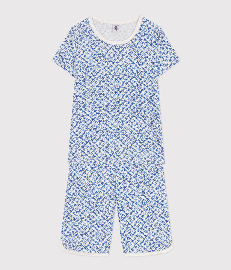 Kinder-Capripyjama aus Baumwolle mit Blumenmuster blau MARSHMALLOW/ INCOGNITO