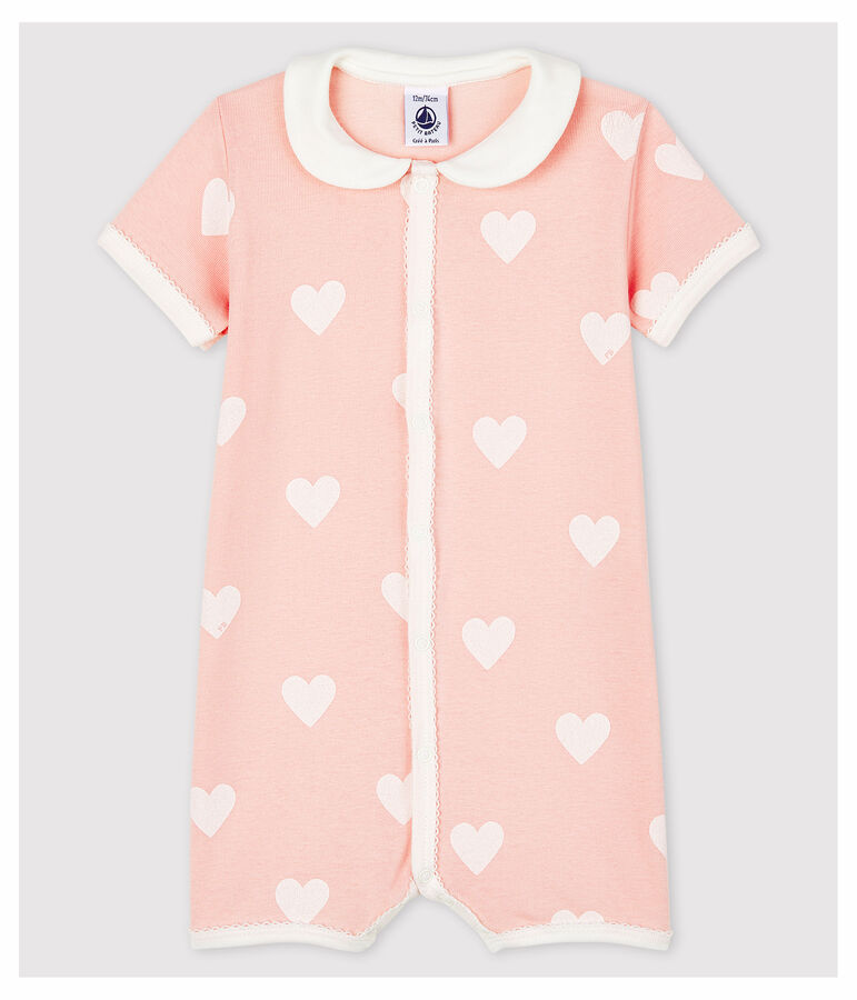 Rosafarbener Baby-Einteiler aus Bio-Baumwolle mit Herzchen-Motiv f&uuml;r M&auml;dchen rosa/weiss