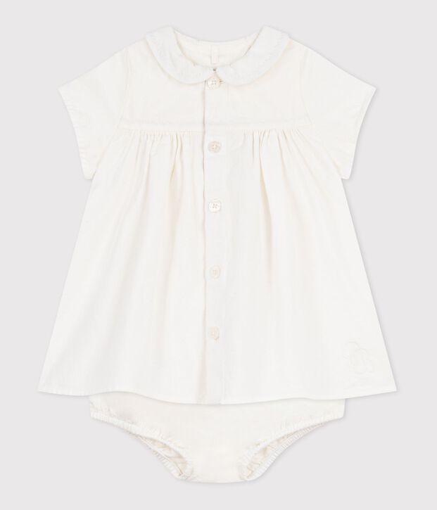 Baby-Kleid aus Baumwolle/Leinen mit h&uuml;bschen Stickereien und dazu passendem Bloomer weiss