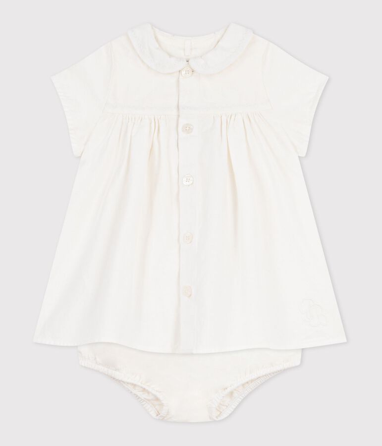 Baby-Kleid aus Baumwolle/Leinen mit h&uuml;bschen Stickereien und dazu passendem Bloomer weiss MARSHMALLOW