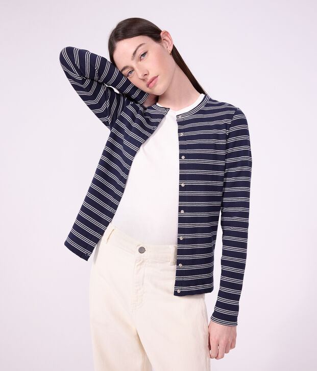Damen-Cardigan aus Baumwolle mit Streifen blau/weiss