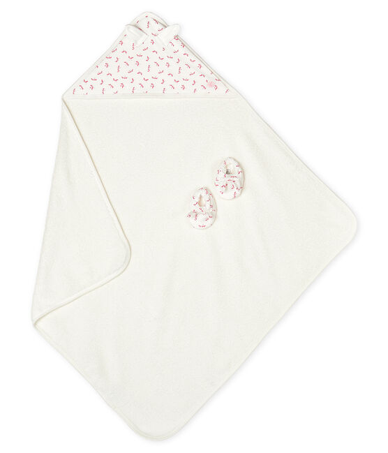 Box mit Badetuch und Babyschuhen aus Frottee und Rippstrick weiss MARSHMALLOW/rosa GROSEILLER