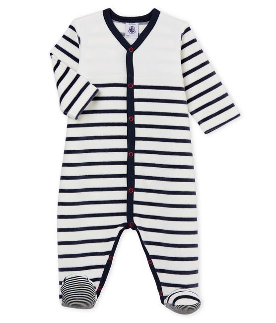 Baby-Strampler aus Samt, Unisex weiss MARSHMALLOW/blau SMOKING