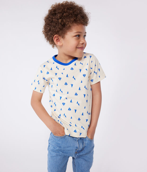 Kurz&auml;rmeliges Kinder-T-Shirt aus bedruckter Baumwolle naturfarben/blau