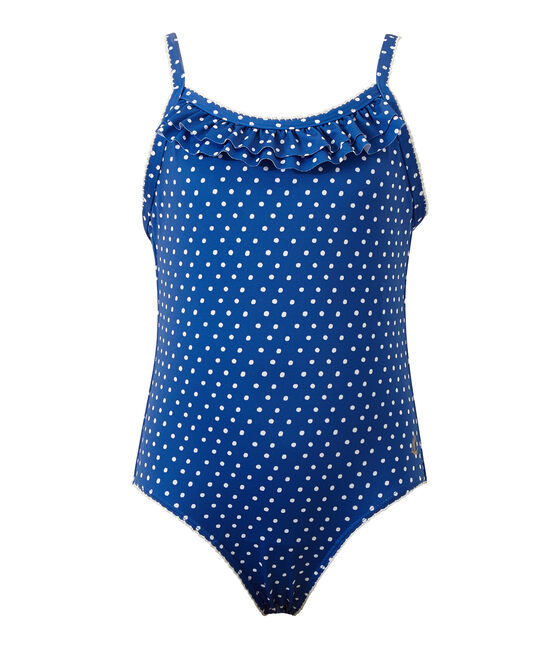 Mädchen-Badeanzug mit Punktmuster blau PERSE/weiss MARSHMALLOW