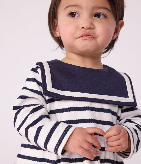 Langärmeliges Baby-Kleid aus festem Baumwollstoff mit Matrosenstreifen weiss MARSHMALLOW/blau SMOKING