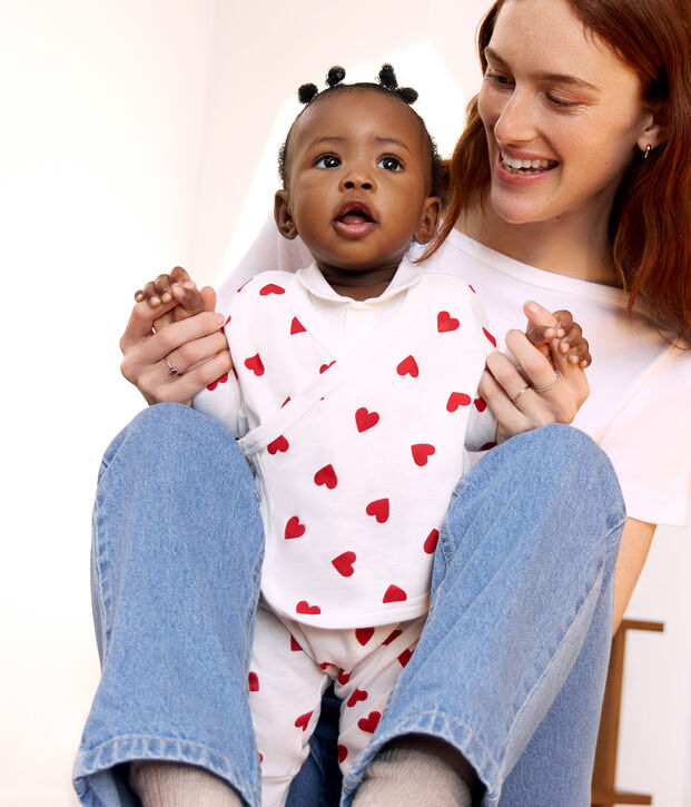 3-teiliges Baby-Set aus Baumwolle mit Herzmotiv weiss/rot