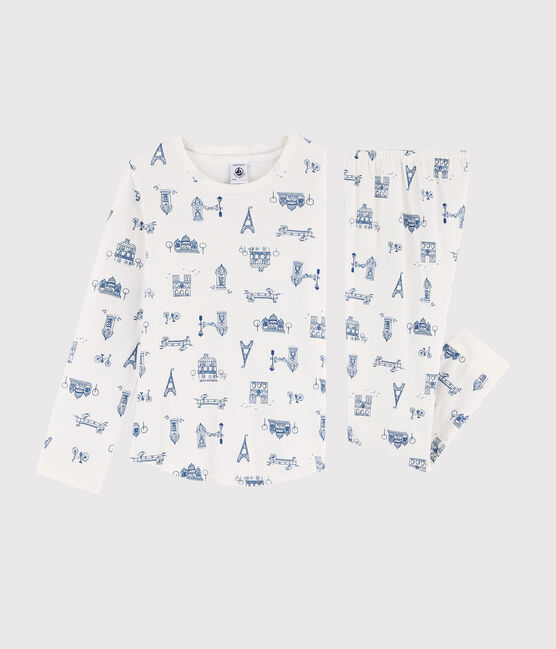 Kinderpyjama aus Rippstrick mit Paris-Aufdruck weiss MARSHMALLOW/blau MAJOR