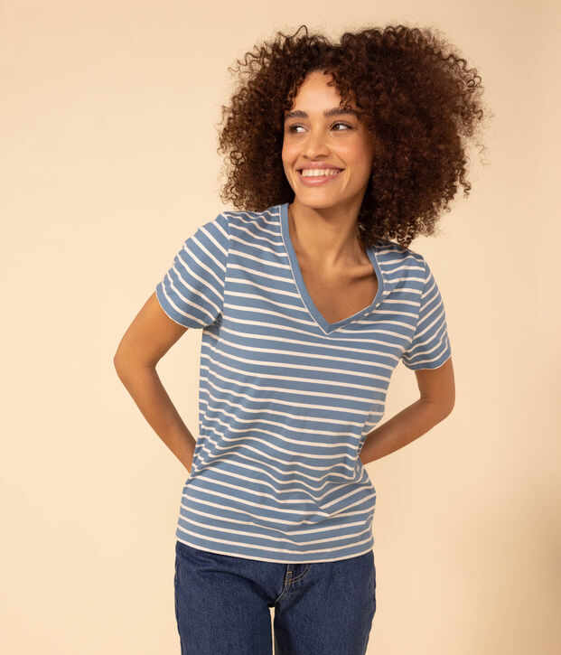 Damen-T-Shirt LE DROIT aus Baumwolle mit V-Ausschnitt blau/naturfarben