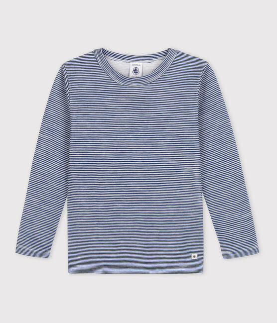 Langärmeliges T-Shirt aus Wolle und Baumwolle mit Ringelstreifen blau MEDIEVAL/weiss MARSHMALLOW