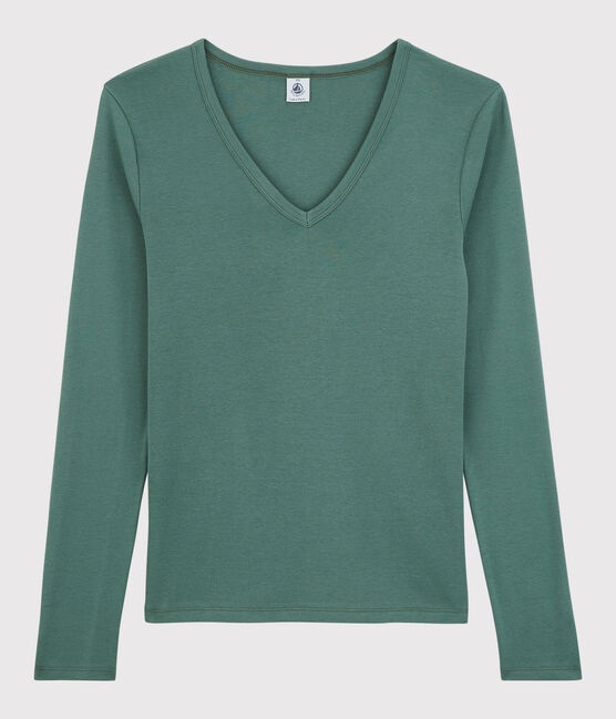 Klassisches Damen-T-Shirt aus Baumwolle mit V-Ausschnitt grün VALLEE