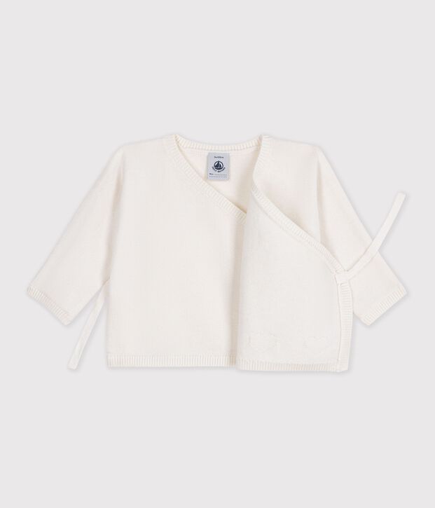 Baby-Wickeljacke aus Woll- und Baumwollstrick mit Lochstickerei weiss