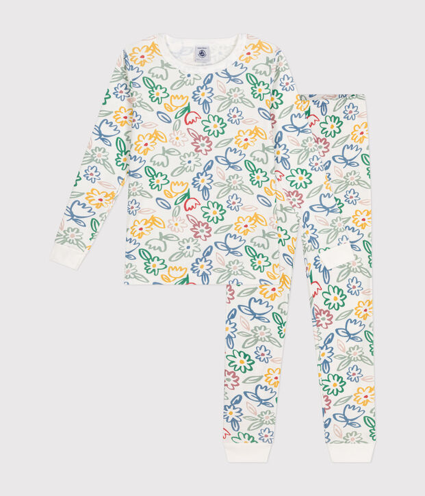 Eng anliegender Kinder-Pyjama aus Baumwolle mit Blumenmotiv weiss/vielfarbig