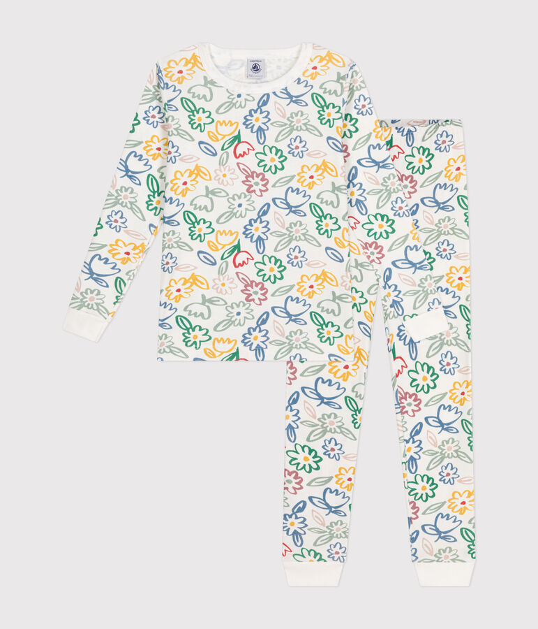 Eng anliegender Kinder-Pyjama aus Baumwolle mit Blumenmotiv weiss MARSHMALLOW/weiss MULTICO