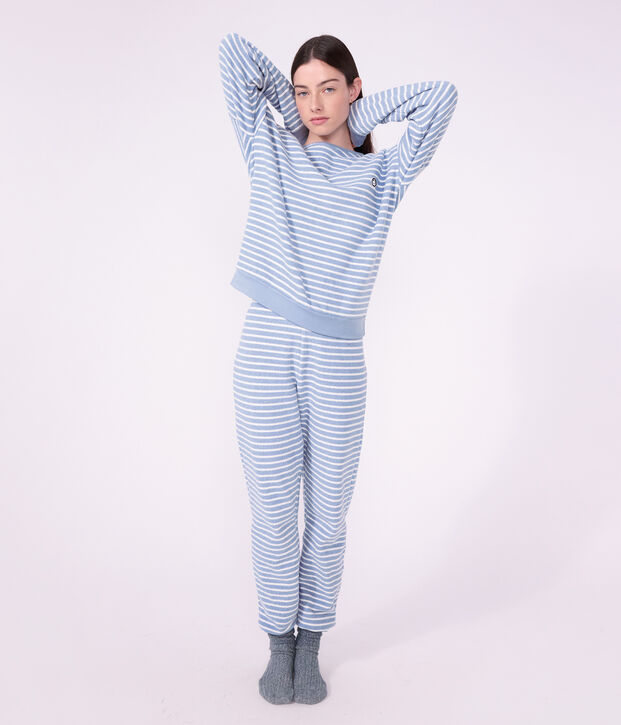 Damen-Pyjama aus Baumwoll-Frottee mit Streifen blau/naturfarben