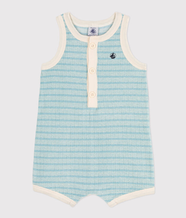Baby-Kurzoverall aus gestreiftem Frottee gr&uuml;n/naturfarben