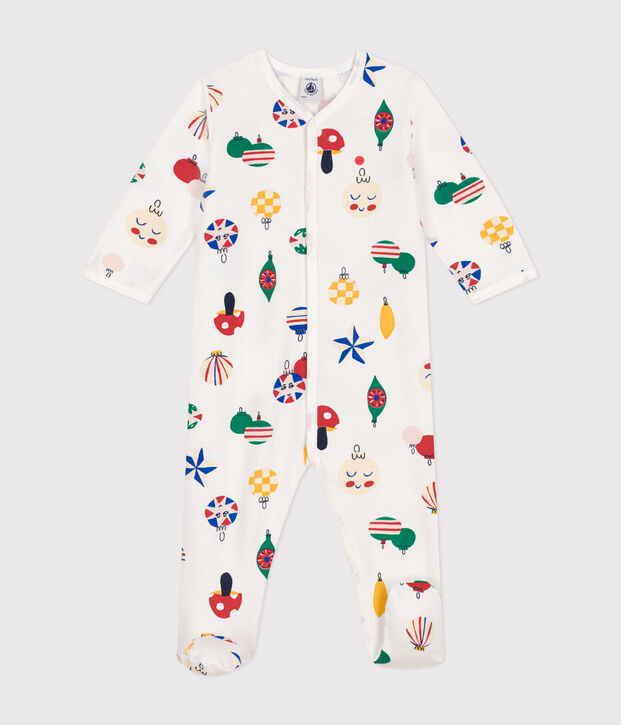 Strampler aus aufgerautem Molton mit Weihnachtskugel-Motiv weiss/vielfarbig