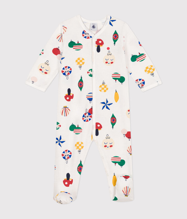 Strampler aus aufgerautem Molton mit Weihnachtskugel-Motiv weiss/vielfarbig